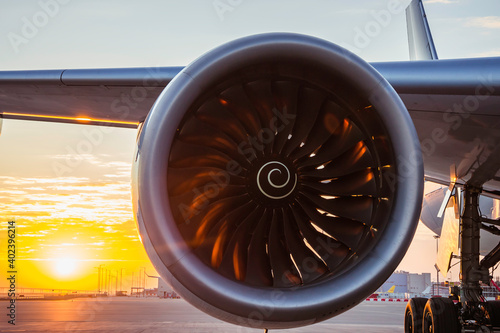aircraft engine with sunset background