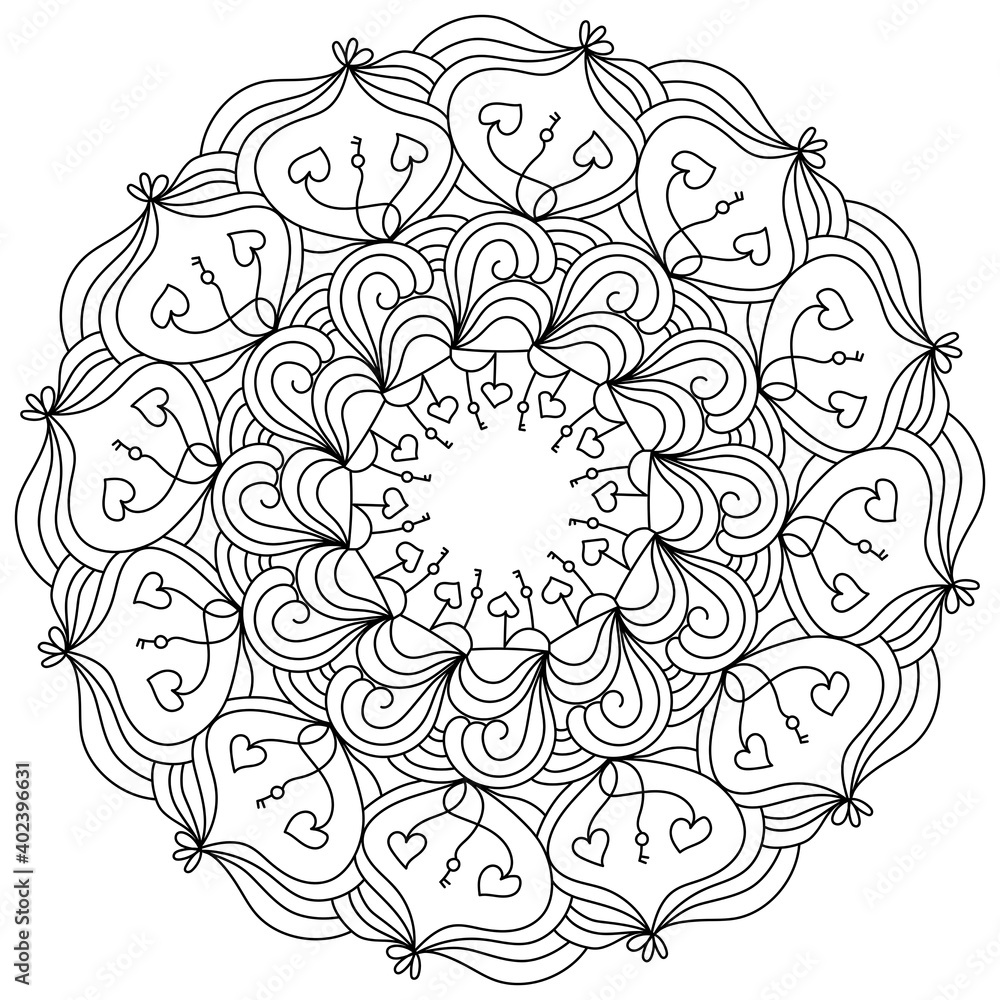 Ornate doodle mandala with hearts and key, anti stress coloring page ...