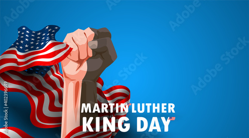 Martin Luther King day black and white hands clenched into flags of america. Civil rights of blacks. Waving flag text martin Luther King day photo