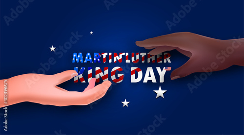 Martin Luther King Day with black skin and white skin united raise hands together. Waving flag of america celebrate the civil rights of blacks Martin Luther King Jr Day