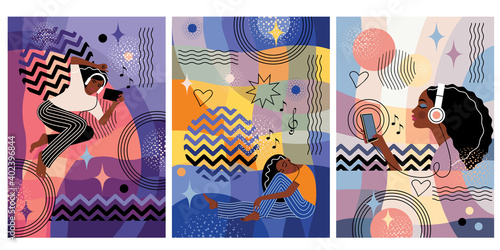 set of abstract geometric posters, covers, banners. a dark-skinned teenage girl listens to music on various gadgets, three options in the format of a postcard. stock vector illustration. EPS 10.