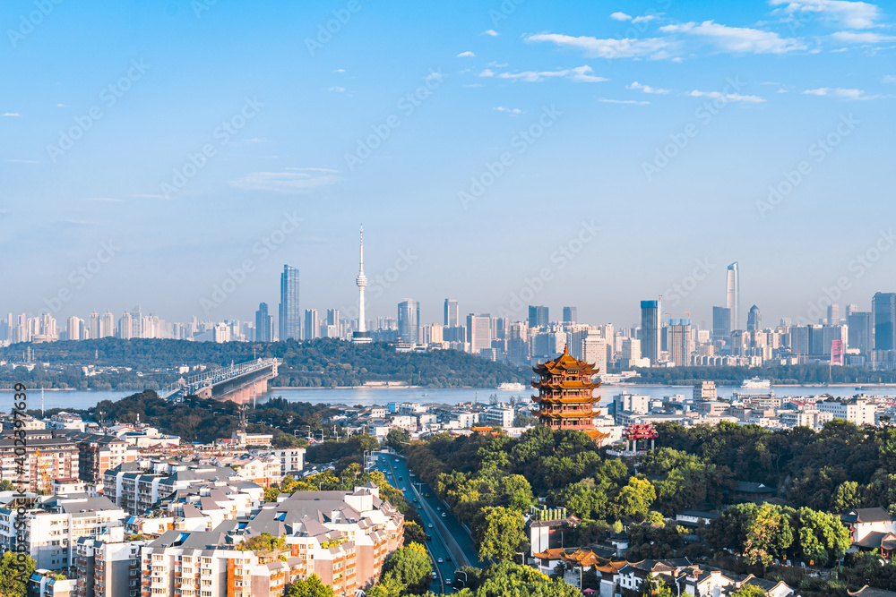 High-angle sunny view of Yellow Crane Tower in Wuhan, Hubei, China