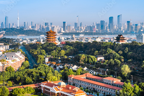 High-angle sunny view of Yellow Crane Tower in Wuhan, Hubei, China