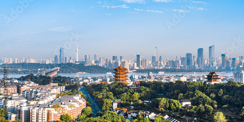 High-angle sunny view of Yellow Crane Tower in Wuhan, Hubei, China