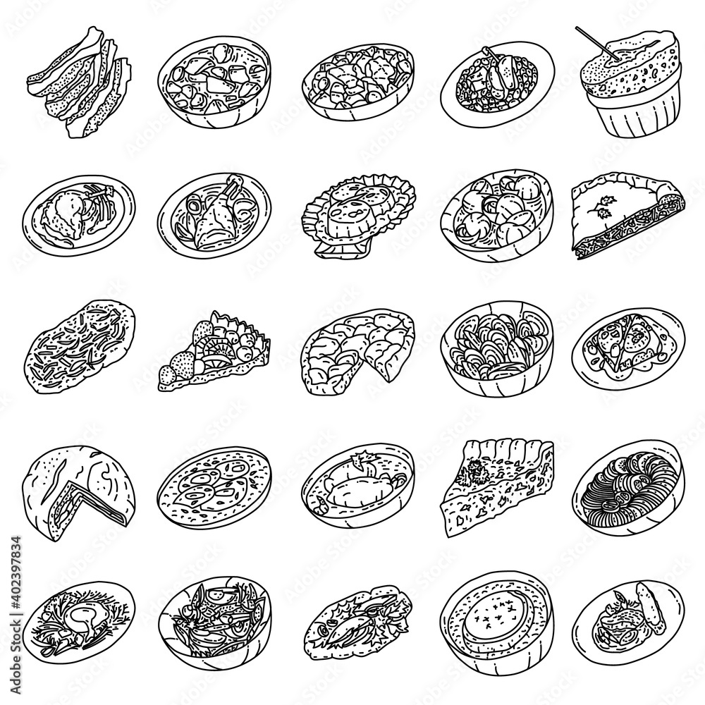 France Food Set Icon Vector. Doodle Hand Drawn or Outline Icon Style
