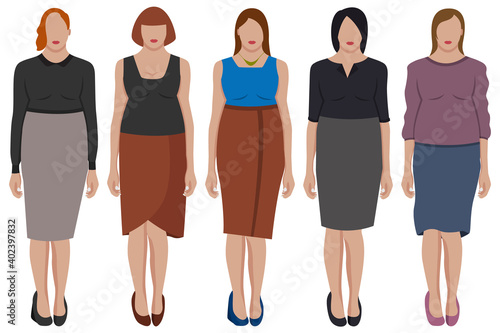 A set of five girls in beautiful clothes of different styles and colors. Body positive.