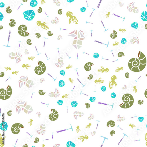 Seamless pattern on the theme: paleontology, geology, mineralogy. Premium quality color symbol collection.