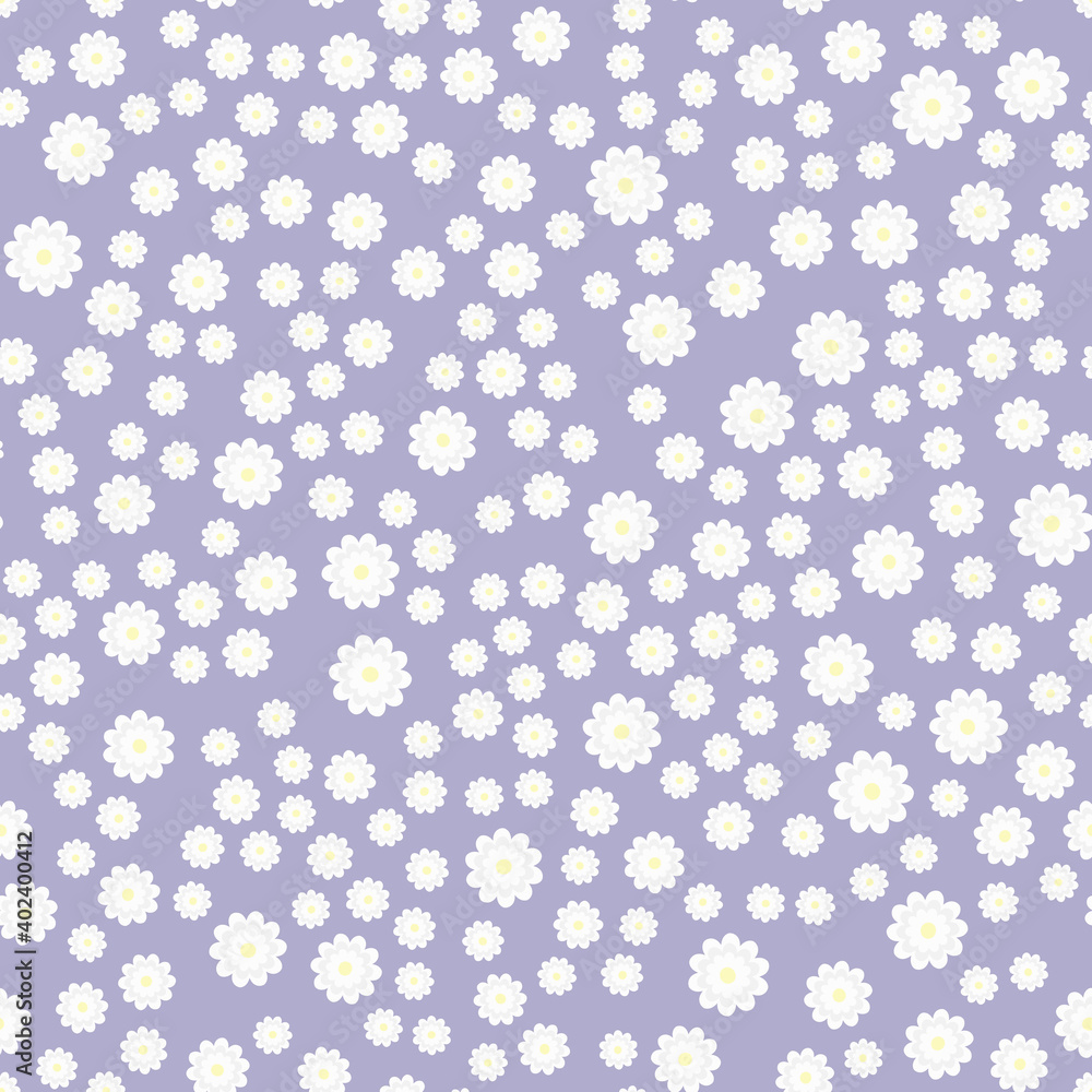Floral seamless pattern. Chamomile or daisies. Endless cute ornament for textile or design. Chamomiles on a  lilac background. Fashionable print. Vector image. Flat style.

