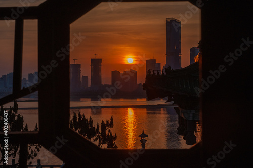 city skyline at sunset
