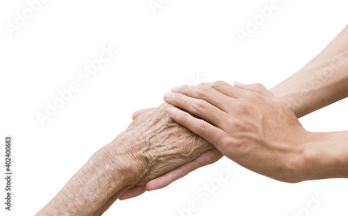 A person holding a hand An old woman isolated on white background with clipping path.