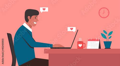 online dating concept, man character chatting on laptop computer and staying at home with long distance relationship and virtual love, vector flat illustration