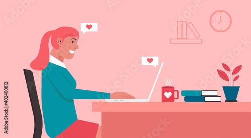 online dating concept, woman character chatting on laptop computer and staying at home with long distance relationship and virtual love, vector flat illustration