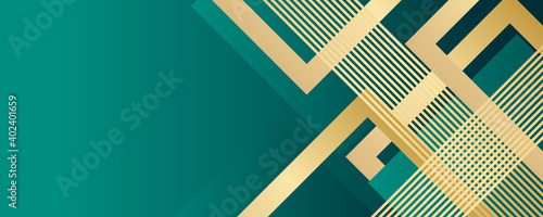 Luxury green background combine with glowing golden lines. Overlap layer textured background 