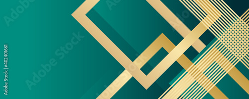 Luxury green background combine with glowing golden lines. Overlap layer textured background 