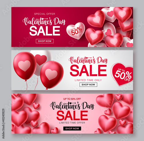 Valentines day sale vector banner set. Valentines day sale text with red heart balloon elements in red and white backgrounds for shopping promotions. Vector illustration.
