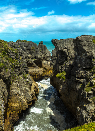 General view of the Pancake rocks an unusual geological formation of sedimentary rocks in New Zealand's South Island.