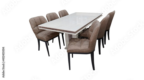 Dining Table and chairs isolated on white background. Luxurious rectangle marble top dining table with six chairs. Dining Sets for six or 8 people.