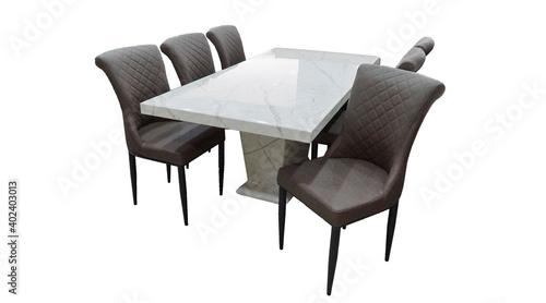 Dining Table and chairs isolated on white background. Luxurious rectangle marble top dining table with six chairs. Dining Sets for six or 8 people.