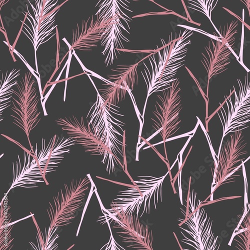 Hand drawn simple floral vector seamless pattern in gray pink, purple colors. Steppe pampas grass, twig, reeds, panicle inflorescences. For design in boho style, textile products, fabric.