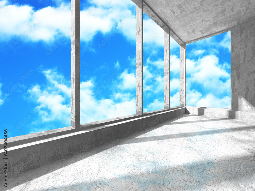 Fototapeta premium Concrete room wall construction on cloudy sky background