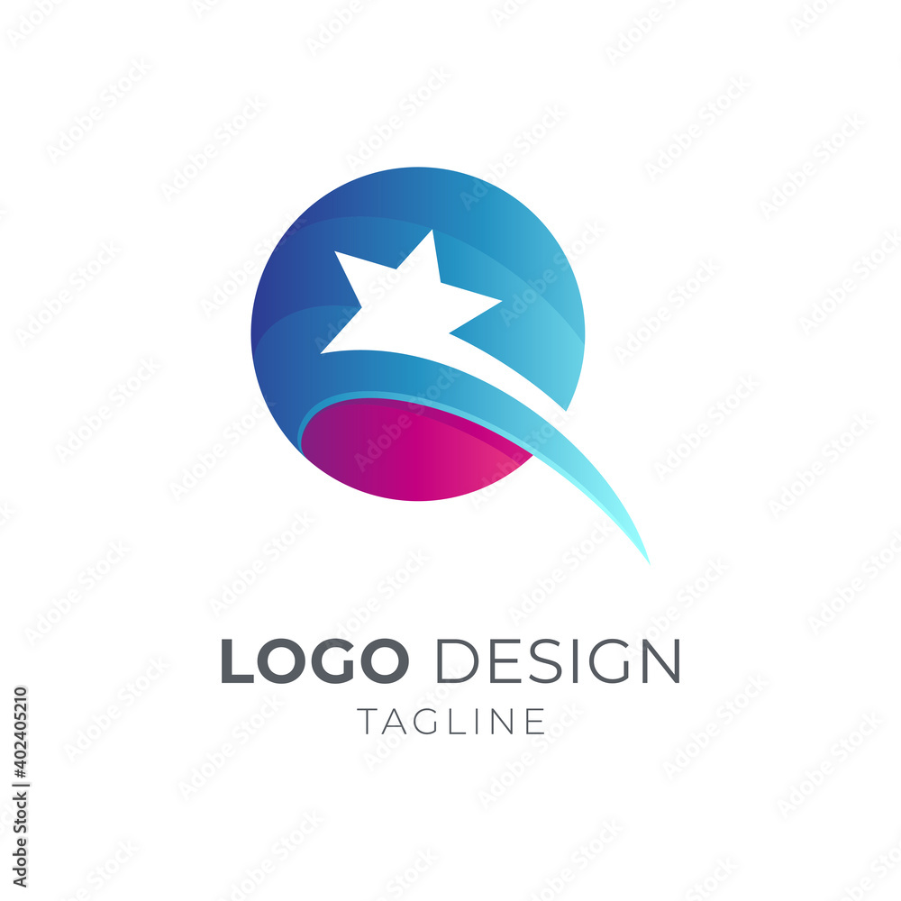 Letter Q and shooting star logo design with simple 3d shape in gradient blue and purple color Letter Q and shooting star logo design with simple 3d shape in gradient blue and purple color