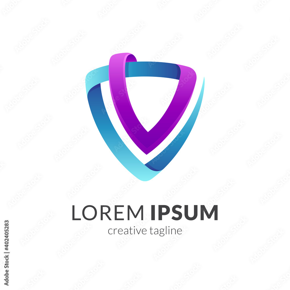 Shield letter V logo with ribbon 3d shape in gradient purple and blue color Shield letter V logo with ribbon 3d shape in gradient purple and blue color