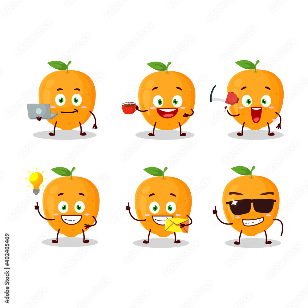 Orange fruit cartoon character with various types of business emoticons
