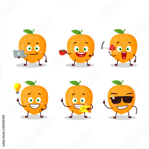 Orange fruit cartoon character with various types of business emoticons