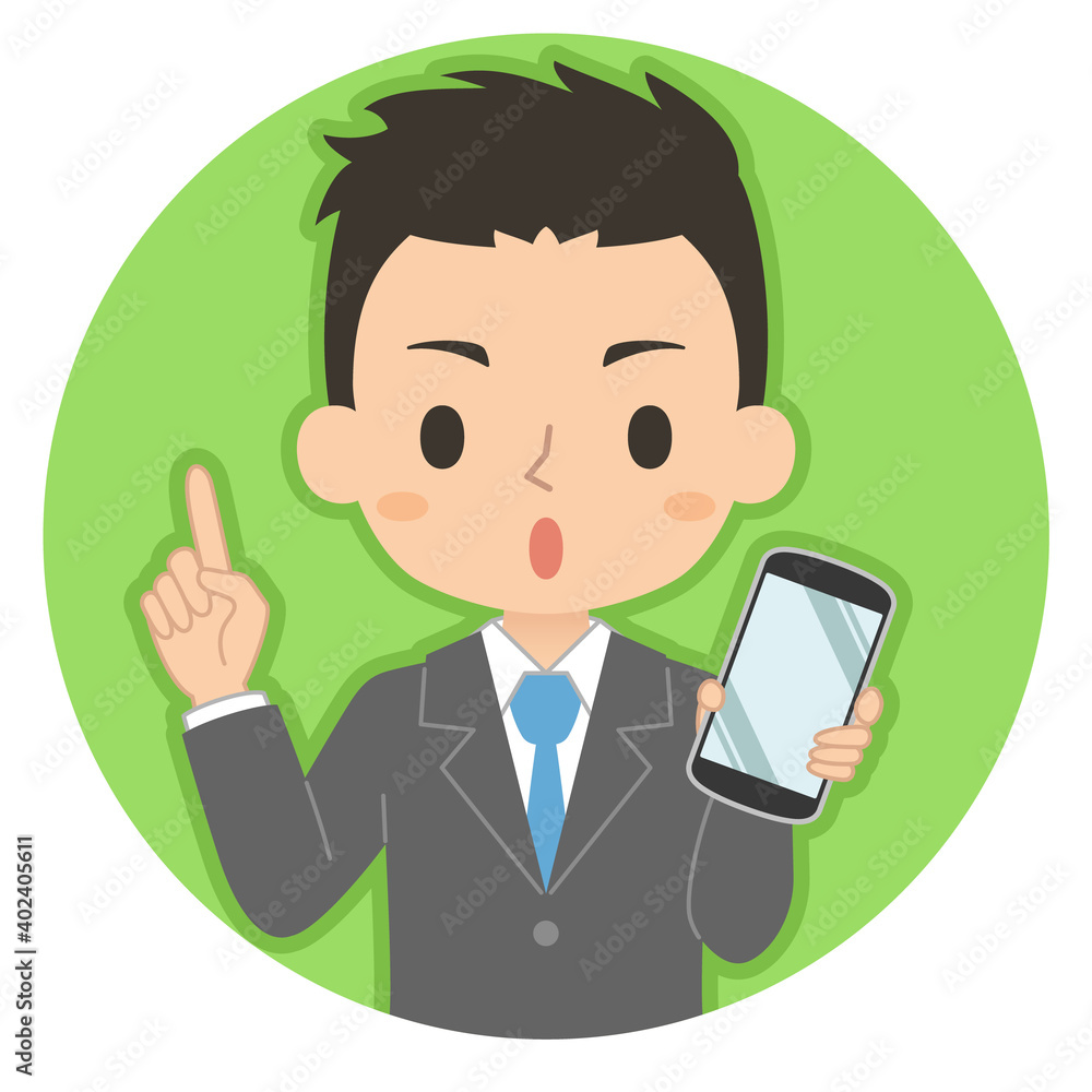 指差しポーズでスマホを持つ男性　イラスト　アイコン