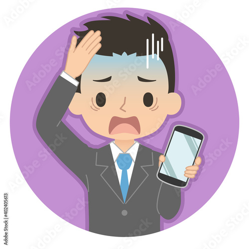 焦った青い顔でスマホを持つ男性　イラスト　アイコン