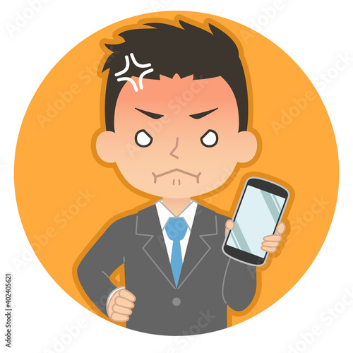 怒った赤い顔でスマホを持つ男性　イラスト　アイコン