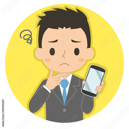 悩み顔でスマホを持つ男性　イラスト　アイコン