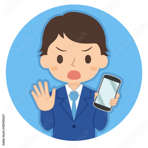 NOサインでスマホを持つ男性　イラスト　アイコン