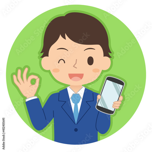 OKサインでスマホを持つ男性　イラスト　アイコン