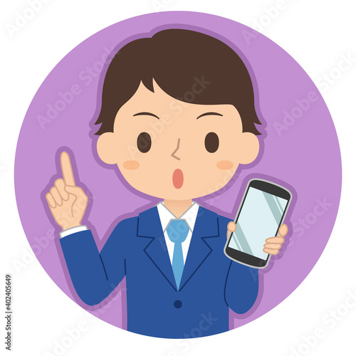 指差しポーズでスマホを持つ男性　イラスト　アイコン