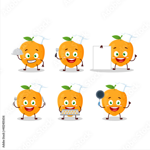 Cartoon character of orange fruit with various chef emoticons
