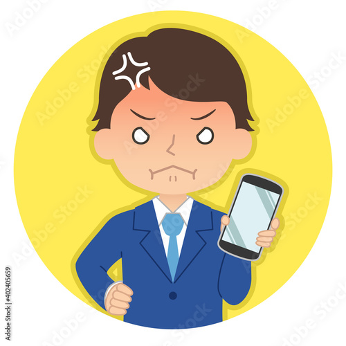 怒った赤い顔でスマホを持つ男性　イラスト　アイコン