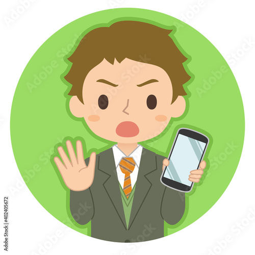 NOサインでスマホを持つ男性　イラスト　アイコン
