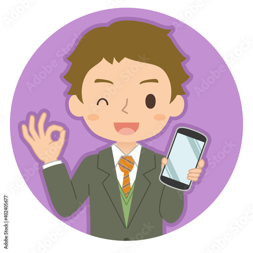 OKサインでスマホを持つ男性　イラスト　アイコン