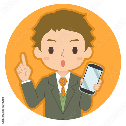 指差しポーズでスマホを持つ男性　イラスト　アイコン