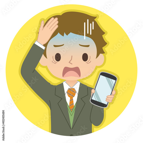 焦った青い顔でスマホを持つ男性　イラスト　アイコン