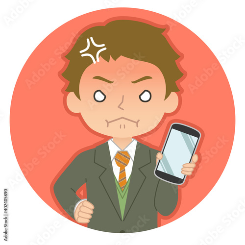 怒った赤い顔でスマホを持つ男性　イラスト　アイコン