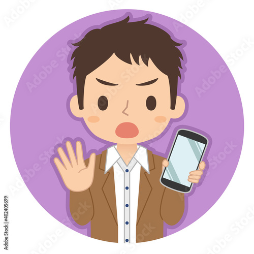 NOサインでスマホを持つ男性　イラスト　アイコン