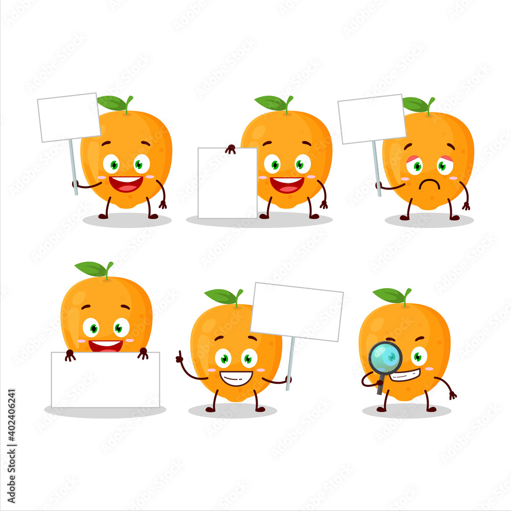 Naklejka premium Orange fruit cartoon character bring information board