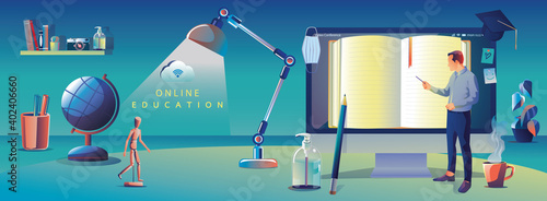 Online Education Application learning worldwide on Computer, mobile website background. social distance concept book lecture pencil. The classroom training course, library Vector Illustration Flat Des