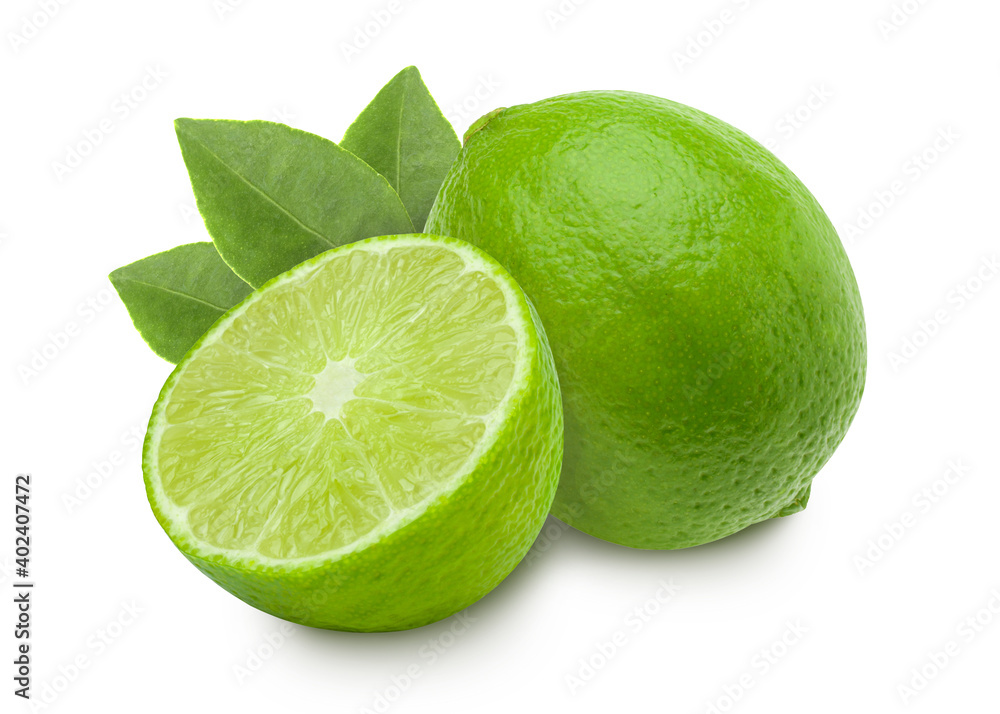 Lime and leaves isolated on white background,sliced. Lime and leaves isolated on white background,sliced.