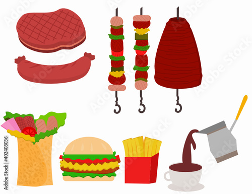 Set of turkish food.Collection of doner kebab.Shashlik and grilled on a skewer.Arabian fast food.