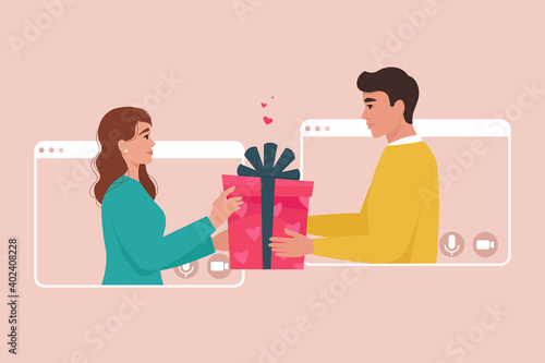 Loving couple in video call frames. Online dating, birthday, valentines day. Man gives woman a present. Meeting, video conference concept