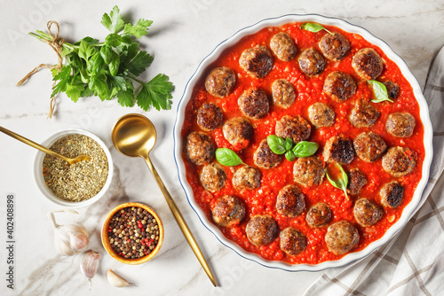 Italian meatballs in marinara sauce, top view