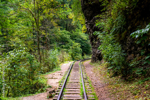 Old narrow gauge railway in mountain region.